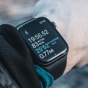 Smartwatch on a wrist with fitness tracking display
