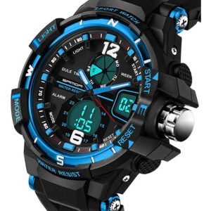 Black and blue digital sports watch with detailed design on a white background